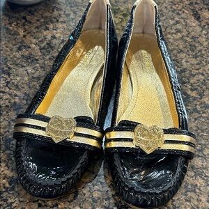 Coach Black Patent Flats with Gold Heart Accent